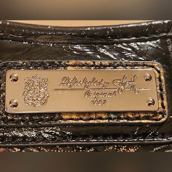 SHARIF 1827 Black Metallic Floral Python Embossed Italian Leather Satchel - Picture 4 of 15